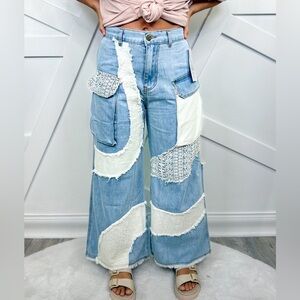 POL women’s medium 8 10 jeans high rise Blue White Patchwork Flare utility lace